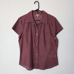 J. Jill Maroon Purple Eyelet Cotton Lace Short Sleeve Blouse Large Cottagecore